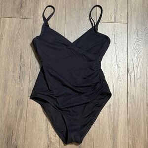 Lands End Womens Black Textured Pique Surplice One Piece Swimsuit Size M Ruched